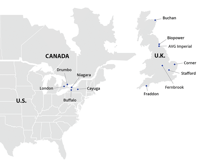 Generate Upcycle facility locations across North America and the U.K.