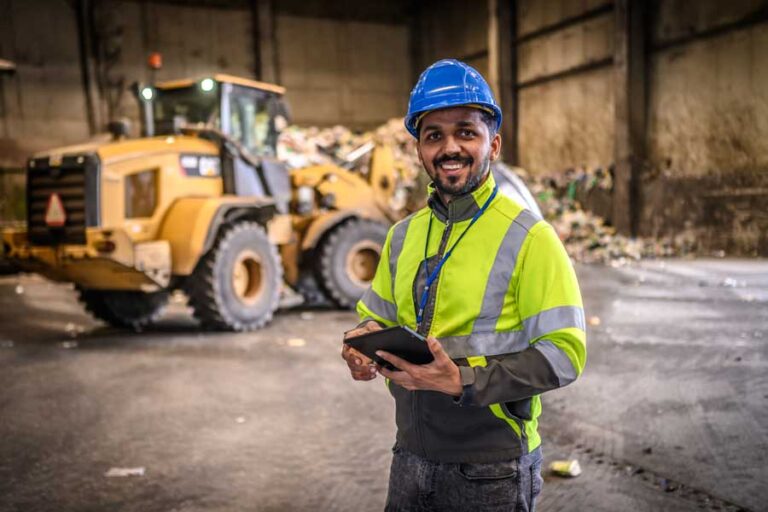 Generate Upcycle employee in hard hat holding tablet at facility