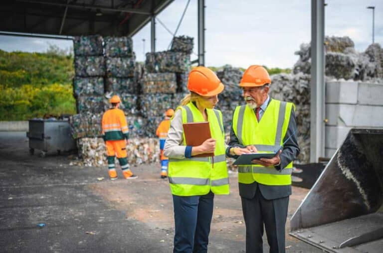 Two individuals in hard hats reviewing documents at facility